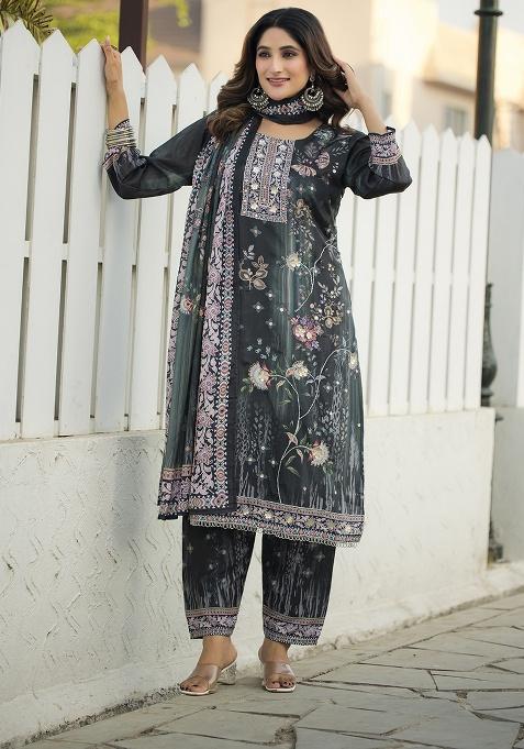 Black Printed Chinon Kurta Set