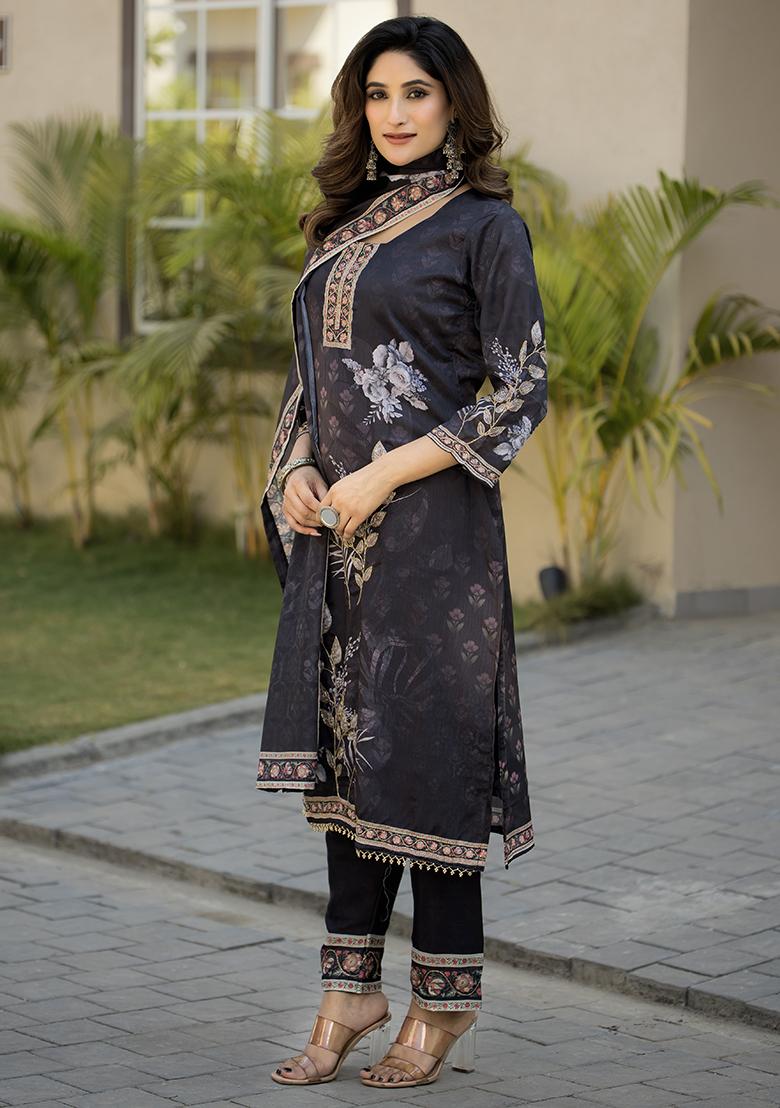 Black Printed Chinon Kurta Set - Indya