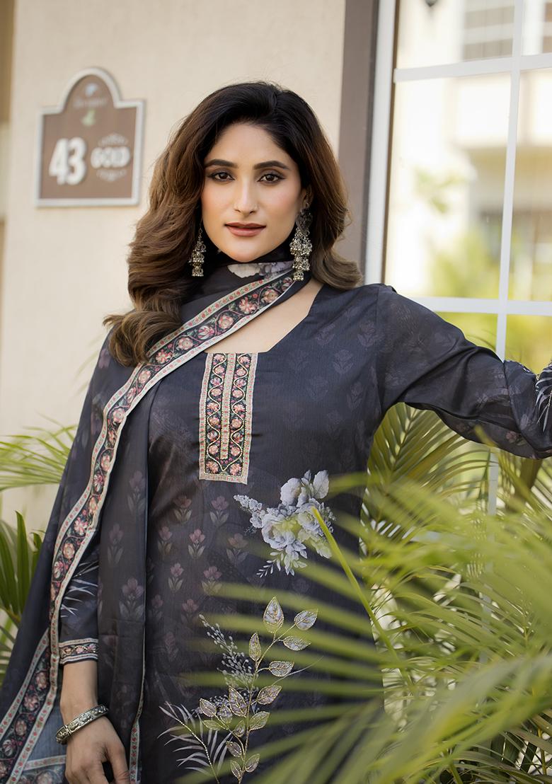 Black Printed Chinon Kurta Set - Indya