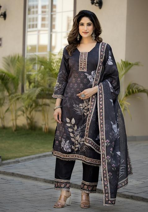 Black Printed Chinon Kurta Set
