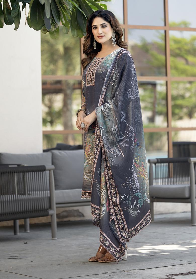 Grey Printed Chinon Kurta Set - Indya