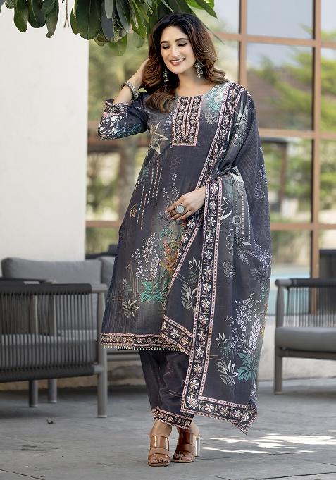 Grey Printed Chinon Kurta Set