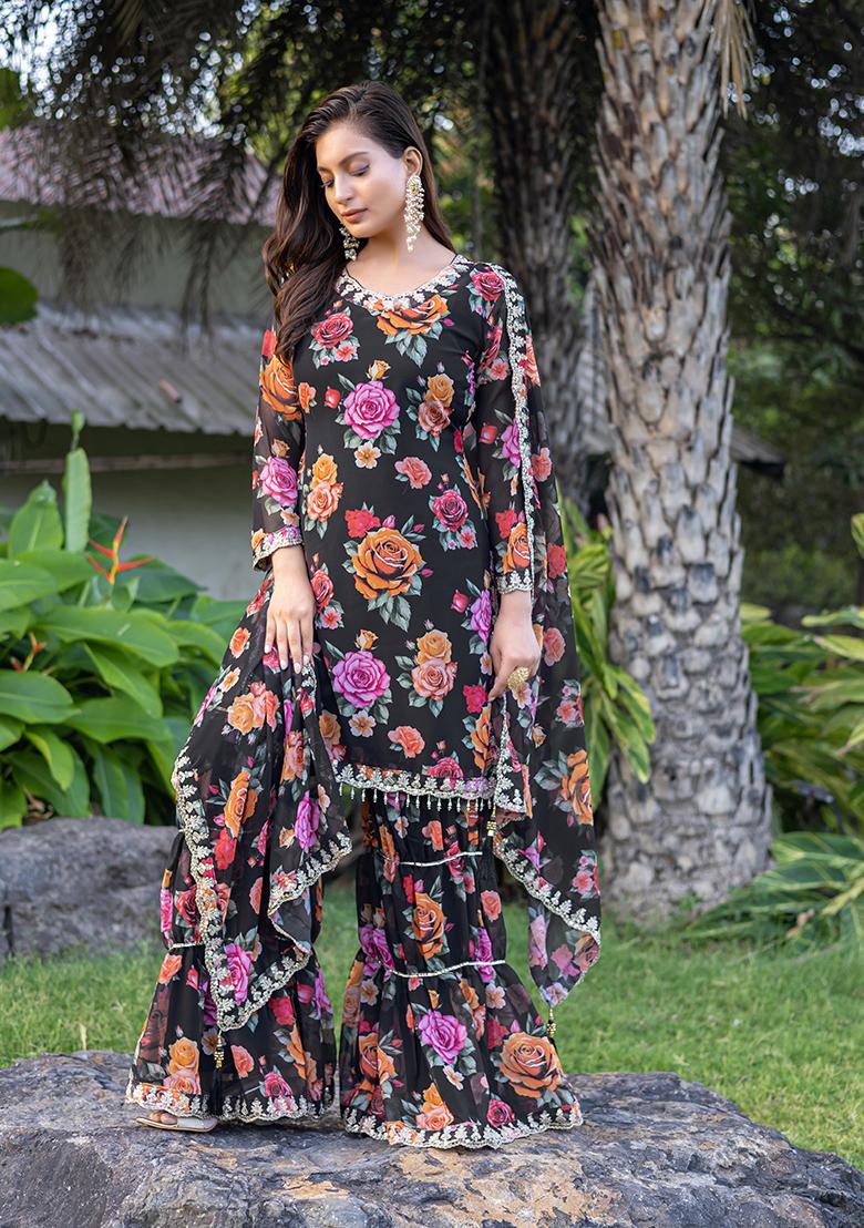 Black Embroidery Georgette Kurta Set - Indya