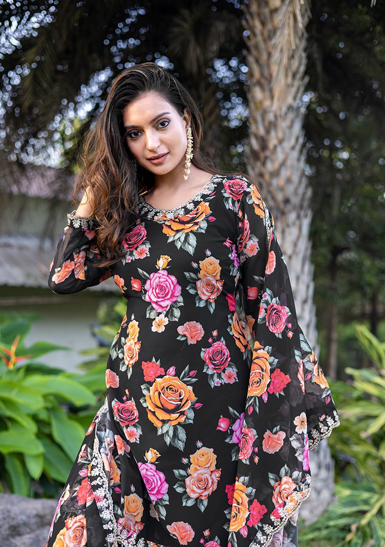 Black Embroidery Georgette Kurta Set - Indya