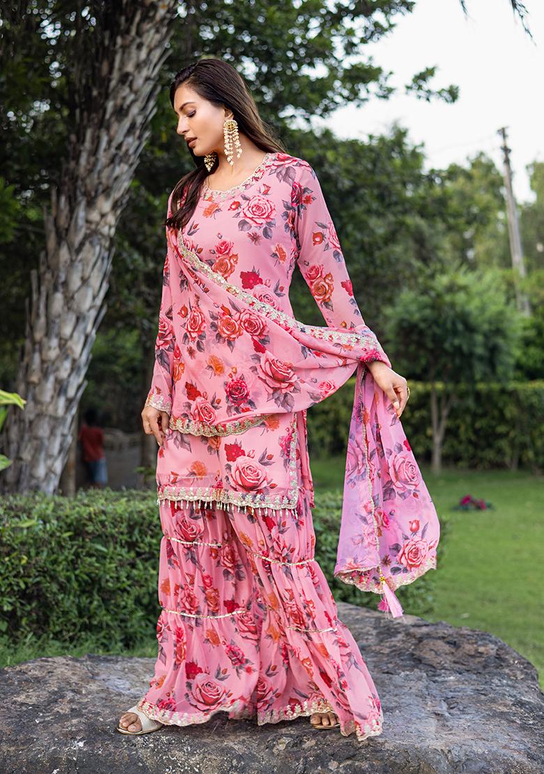 Pink Embroidery Georgette Kurta Set - Indya