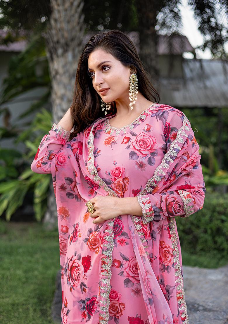 Pink Embroidery Georgette Kurta Set - Indya