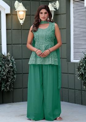 See Green Embroidery Georgette Kurta Set