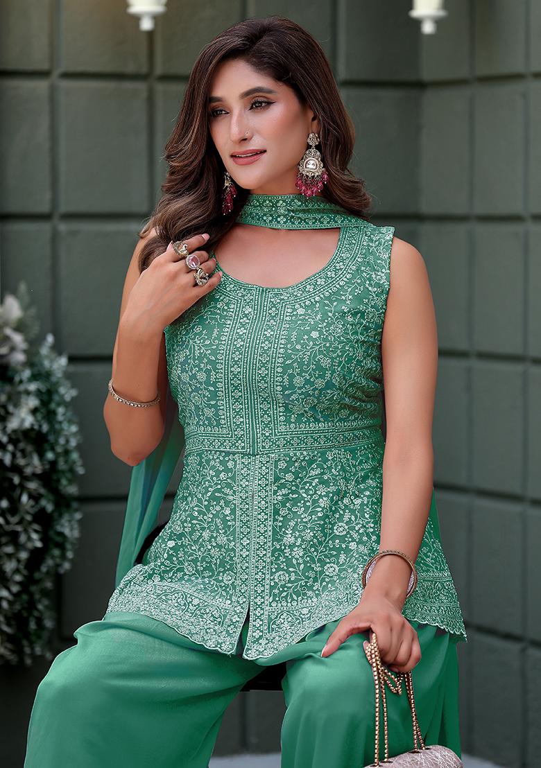 See Green Embroidery Georgette Kurta Set - Indya