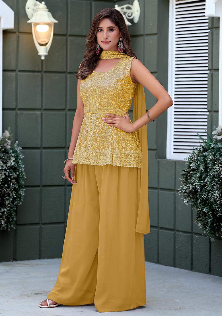 Mustard Embroidery Georgette Kurta Set - Indya