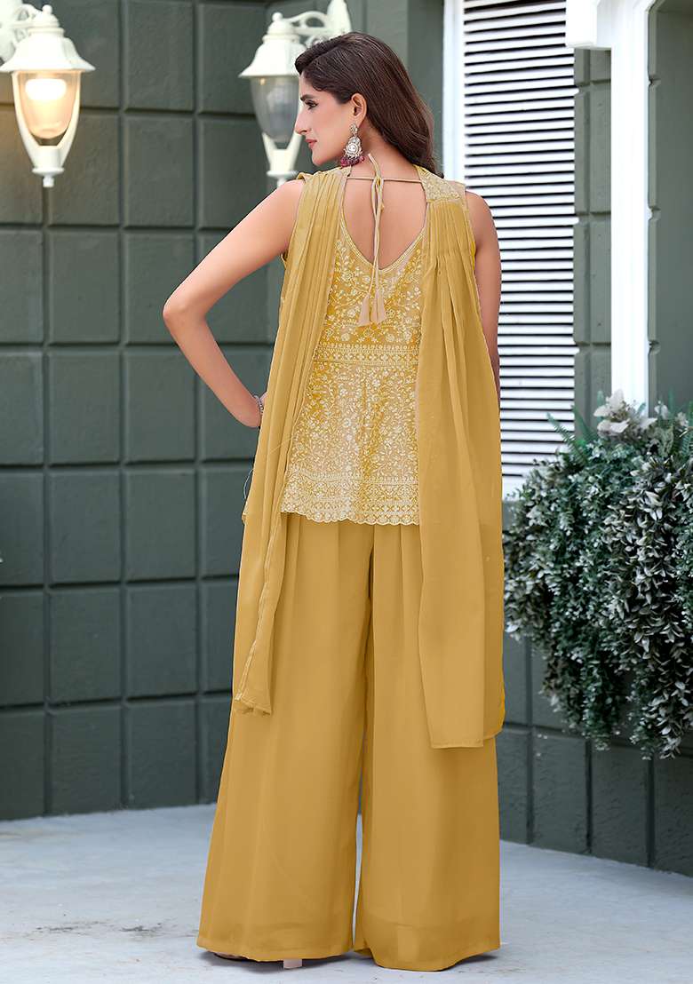 Mustard Sequin Work Georgette Sharara Set - Indya