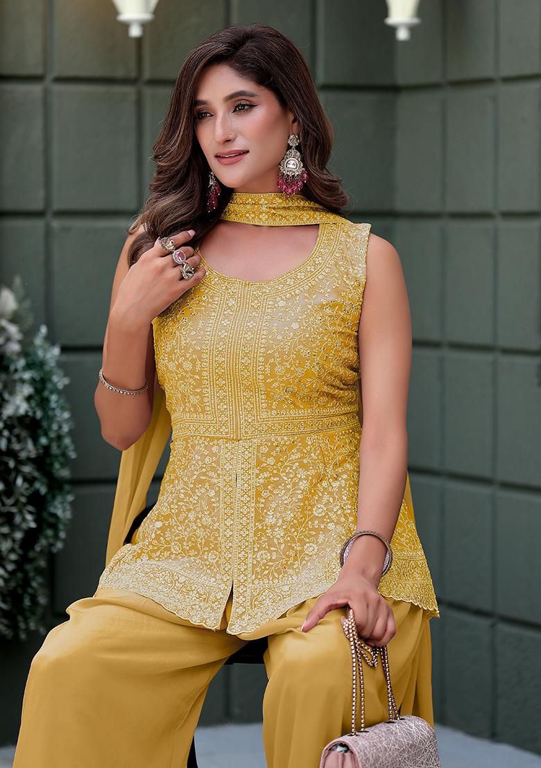 Mustard Embroidery Georgette Kurta Set - Indya