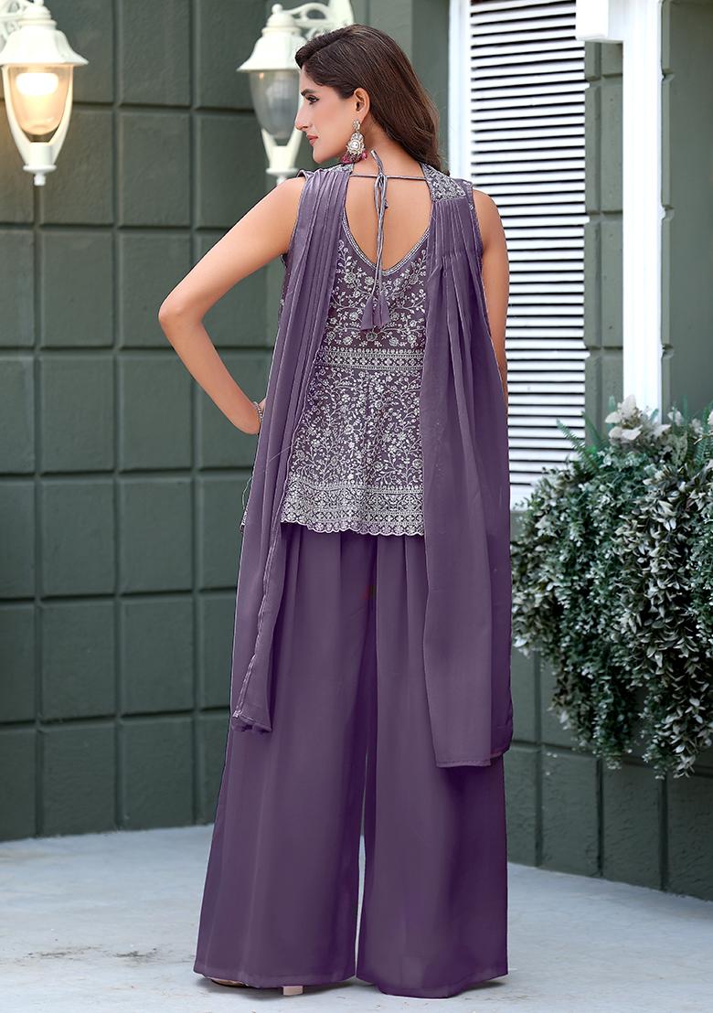 Purple Embroidery Georgette Kurta Set - Indya