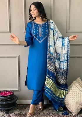 Blue Embroidered Viscose Kurta Set