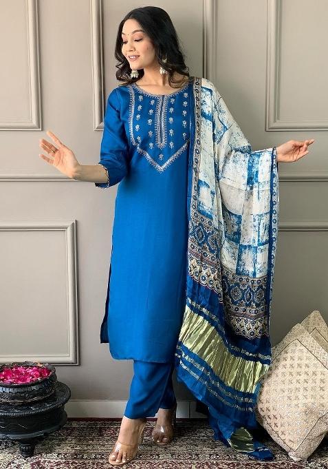Blue Embroidered Viscose Kurta Set