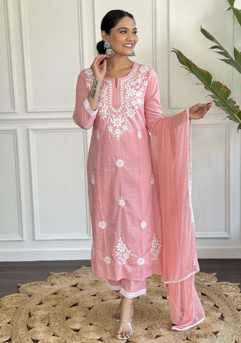 Peach Embroidered Cotton Kurta Set - Indya