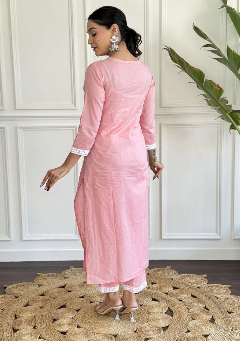 Peach Embroidered Cotton Kurta Set - Indya