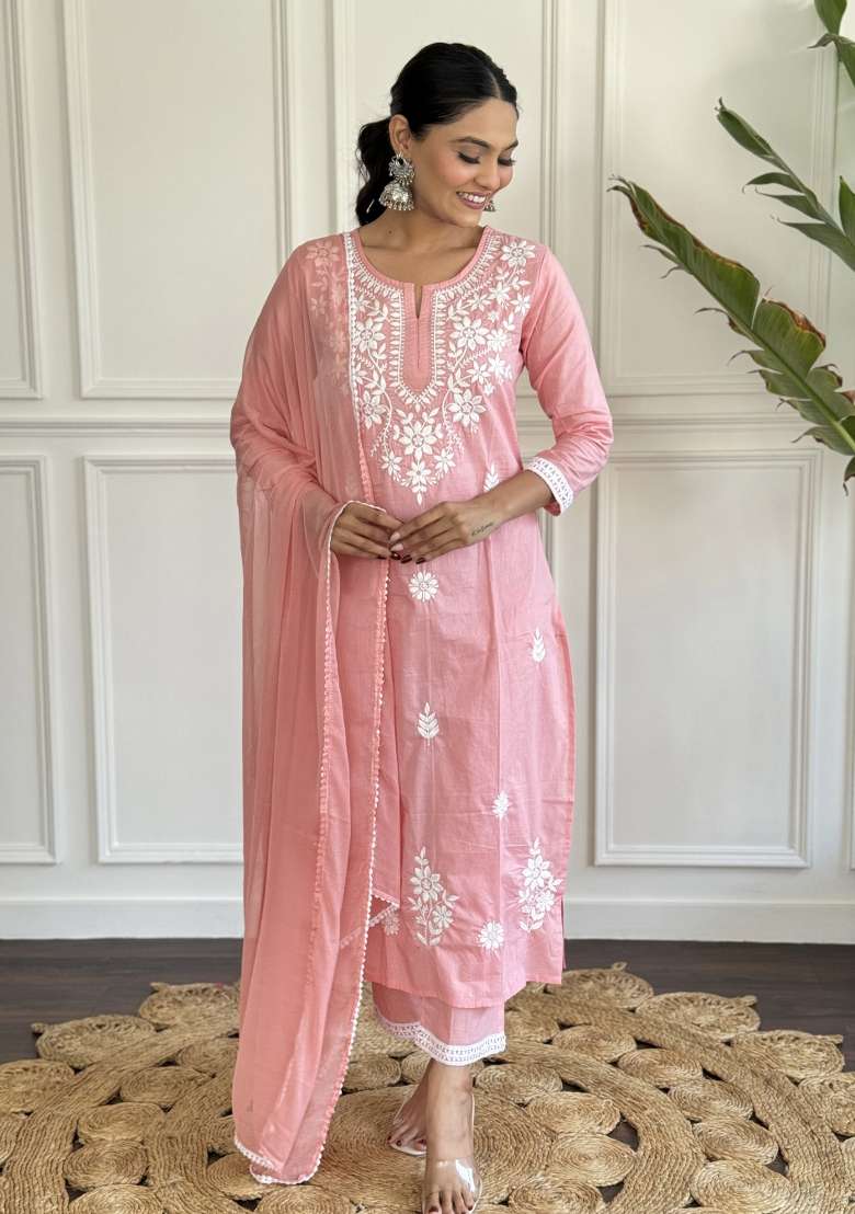 Peach Embroidered Cotton Kurta Set - Indya