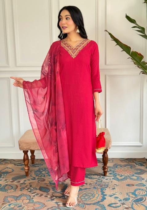 Red Embroidered Silk Kurta Set