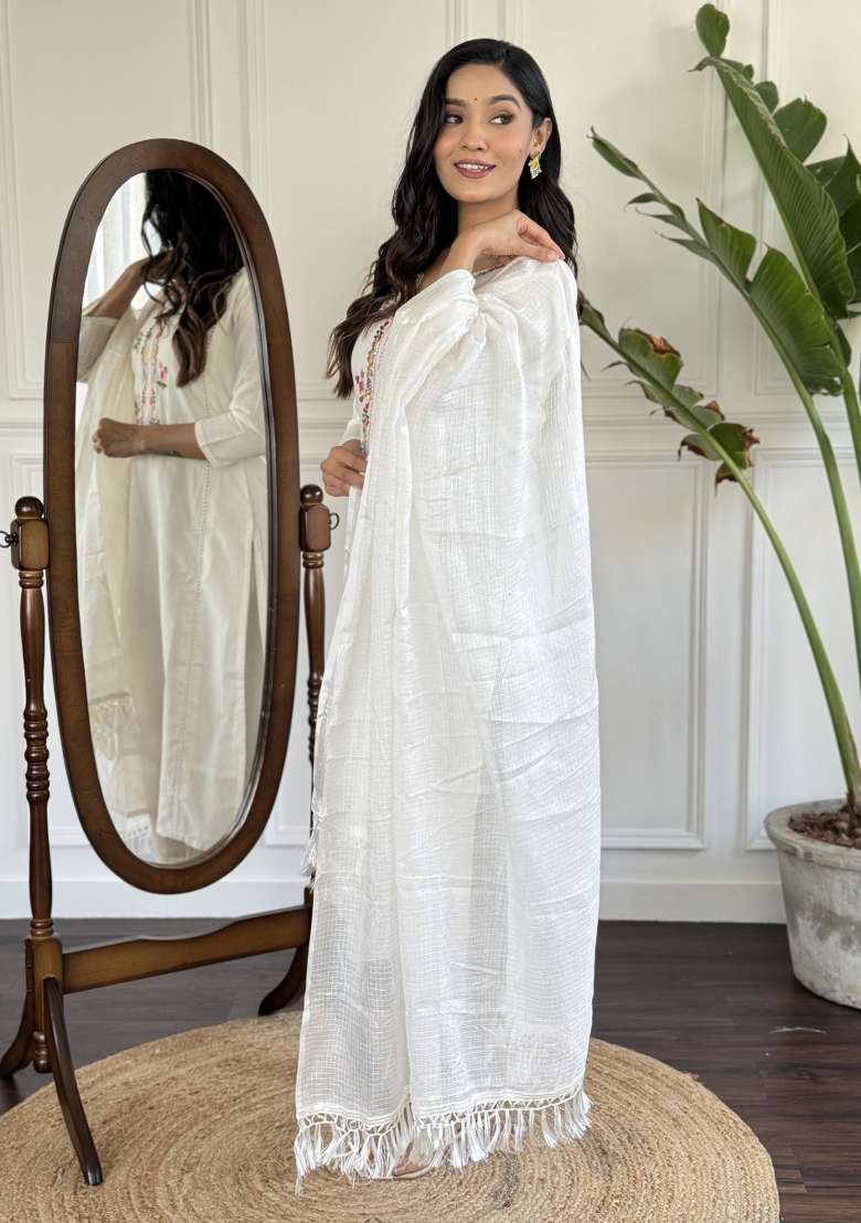 Off-White Embroidered Viscose Kurta Set - Indya