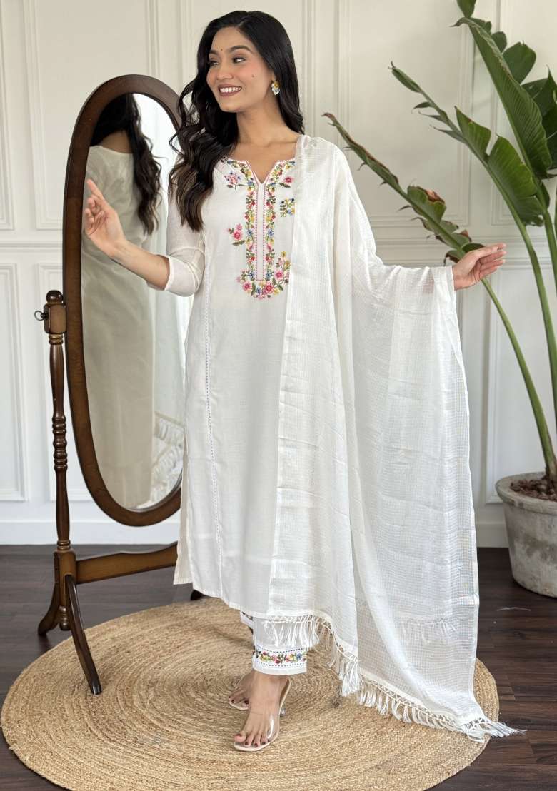 Off-White Embroidered Viscose Kurta Set - Indya