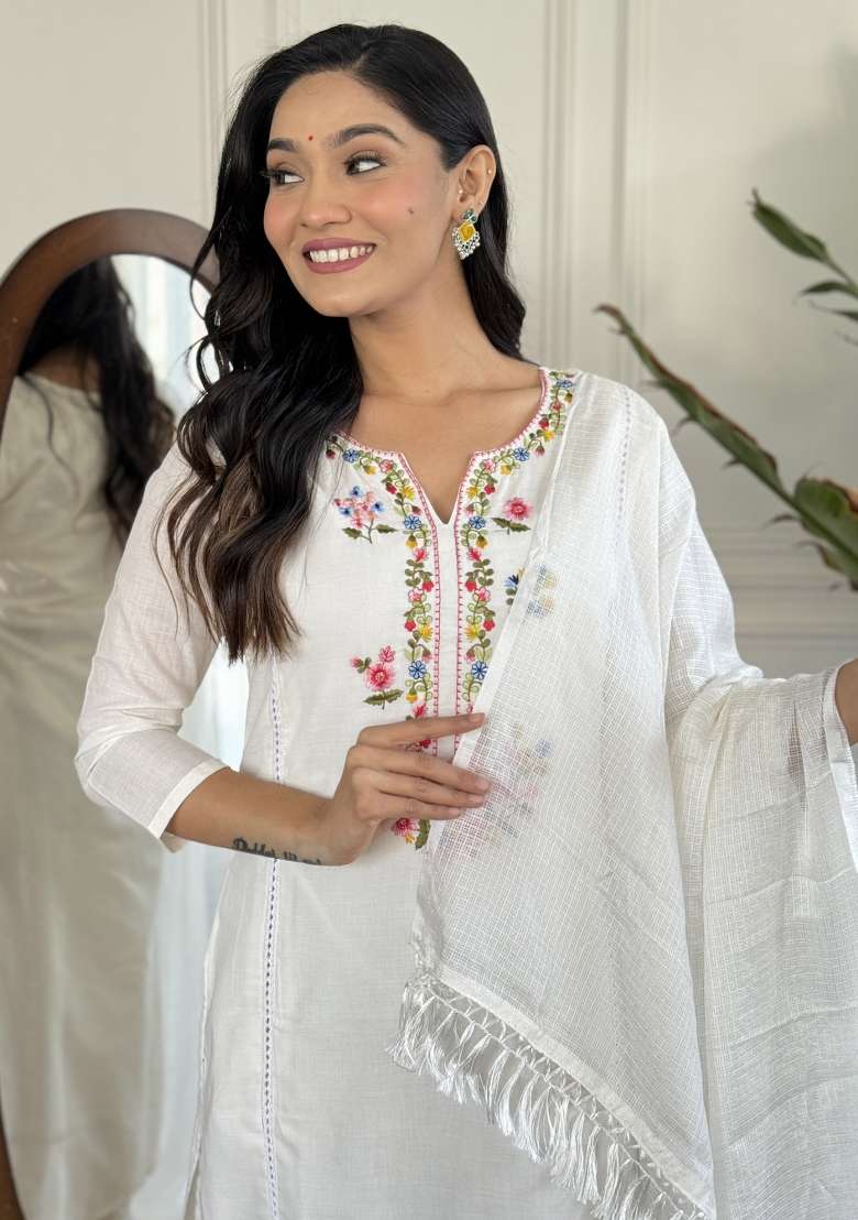 Off-White Embroidered Viscose Kurta Set - Indya