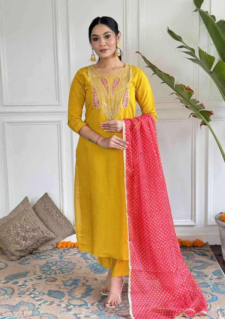 Mustard Embroidered Viscose Kurta Set - Indya