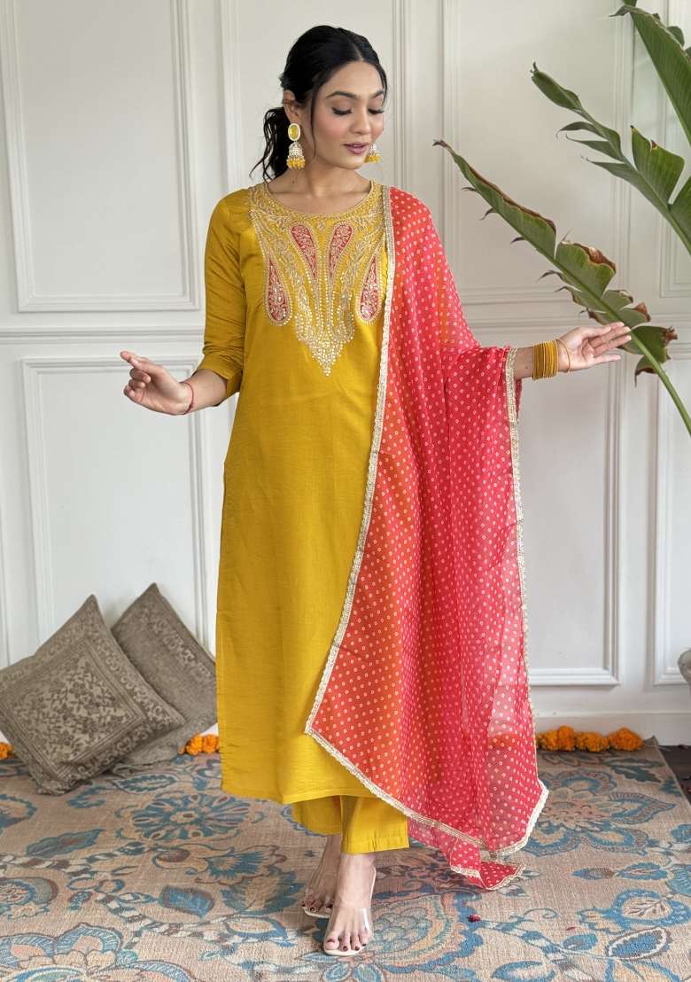 Mustard Embroidered Viscose Kurta Set - Indya