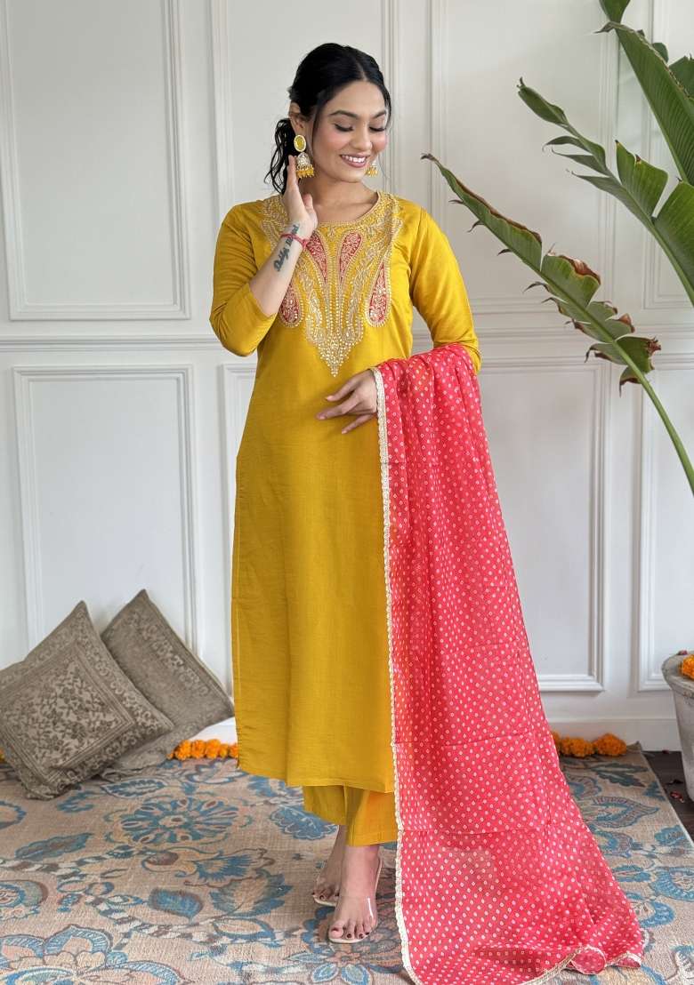 Mustard Embroidered Viscose Kurta Set - Indya