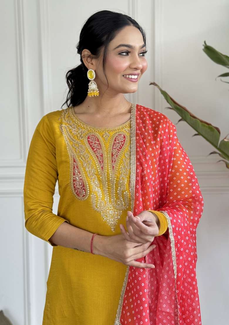 Mustard Embroidered Viscose Kurta Set - Indya