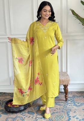 Lime Embroidered Silk Kurta Set