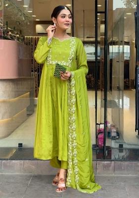 Green Embroidered Chinon Kurta Set