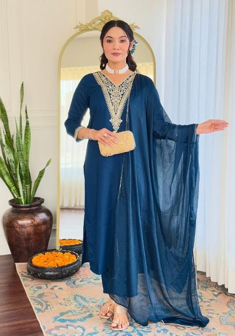 Multicolor Embroidered Viscose Kurta Set