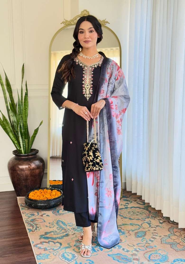 Black Embroidered Viscose Kurta Set - Indya