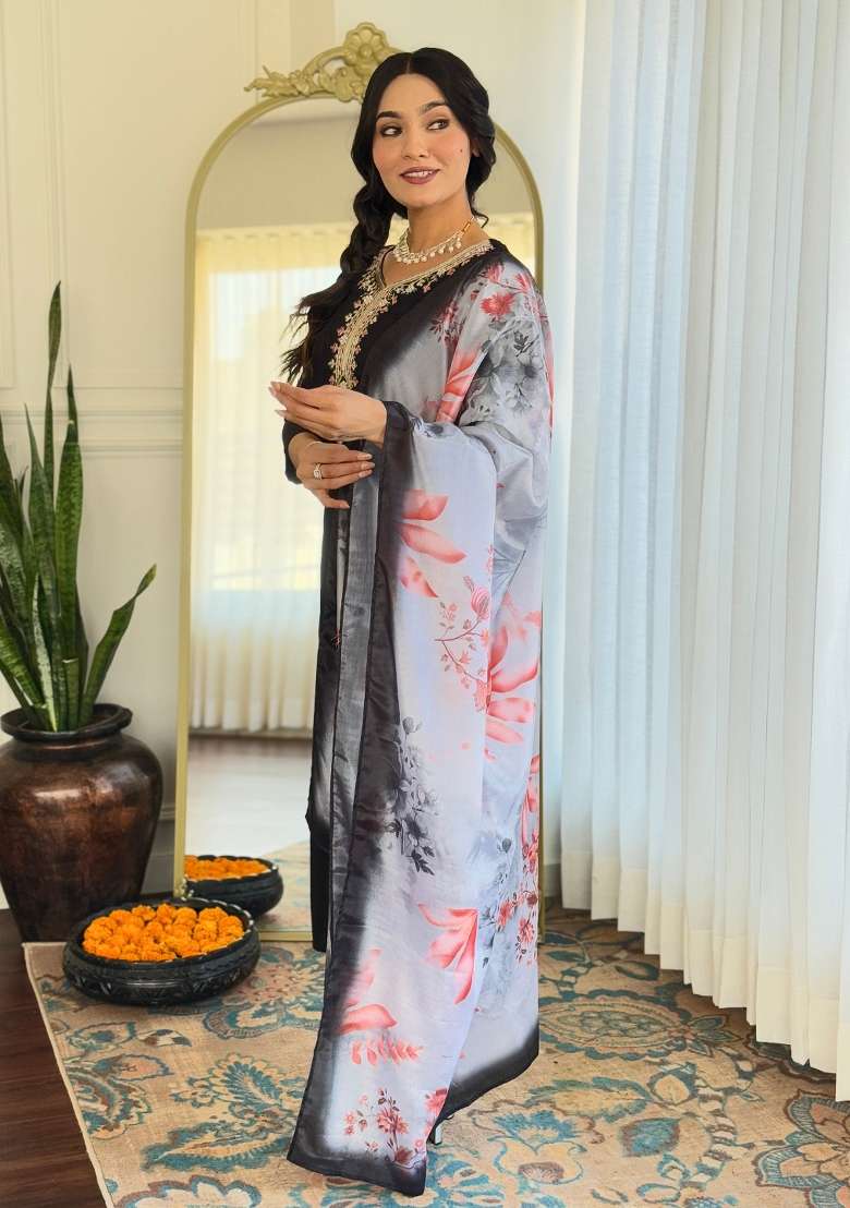 Black Embroidered Viscose Kurta Set - Indya