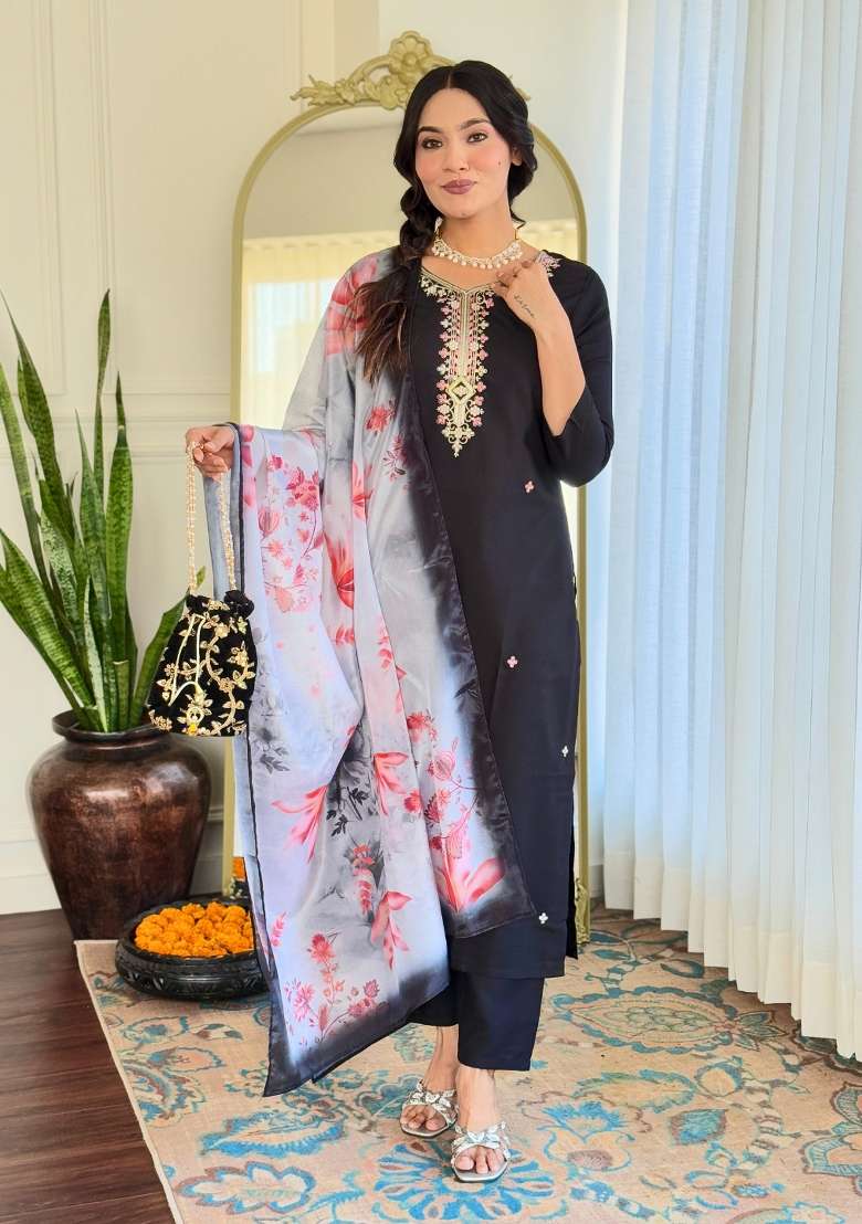 Black Embroidered Viscose Kurta Set - Indya