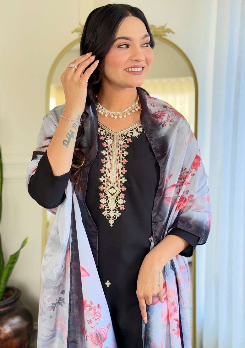 Black Embroidered Viscose Kurta Set - Indya
