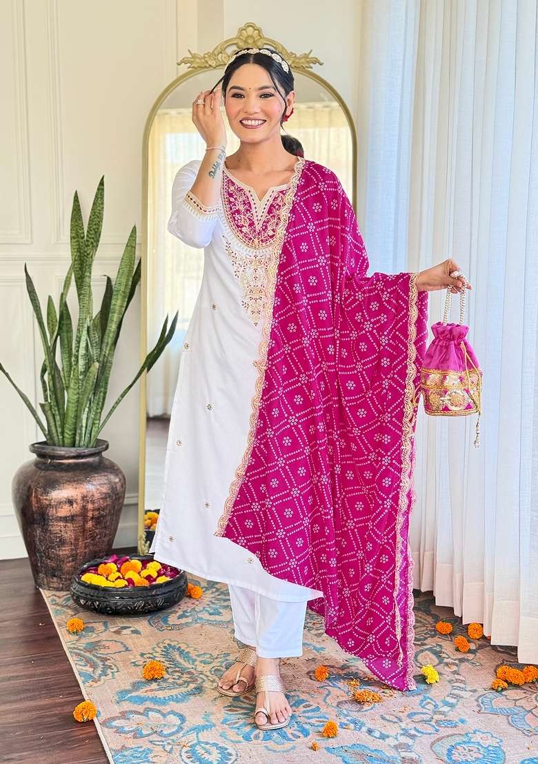White Embroidered Viscose Kurta Set - Indya