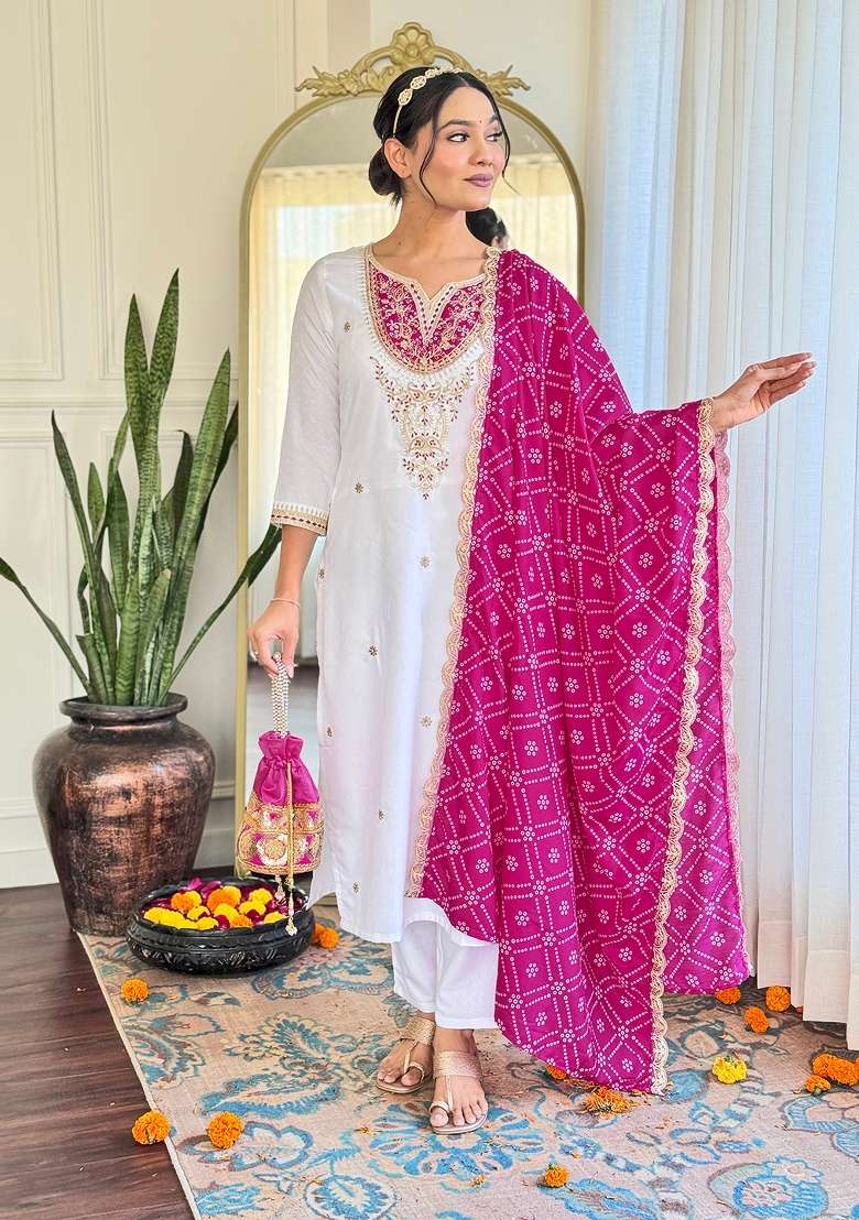 White Embroidered Viscose Kurta Set - Indya
