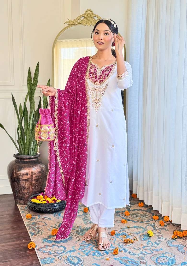 White Embroidered Viscose Kurta Set - Indya