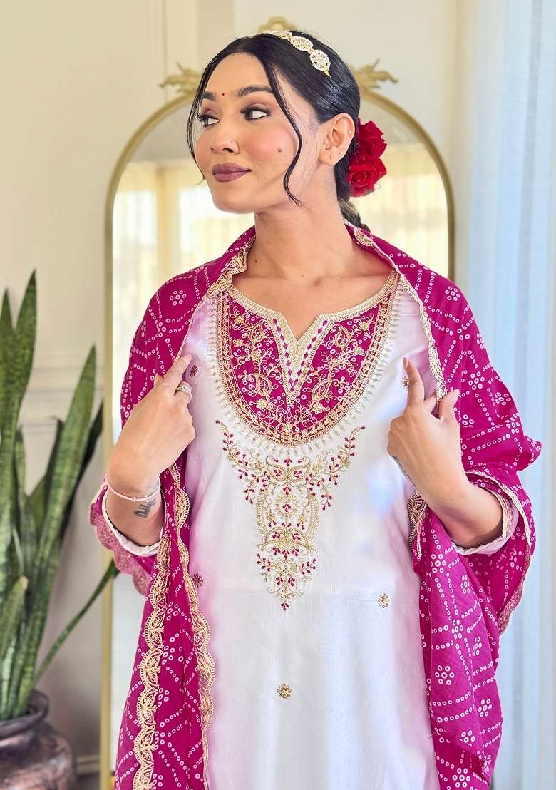 White Embroidered Viscose Kurta Set - Indya
