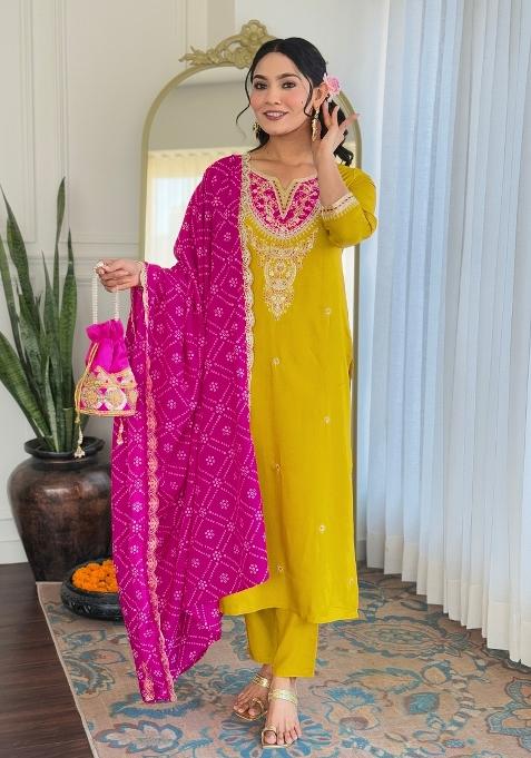 Yellow Embroidered Viscose Kurta Set