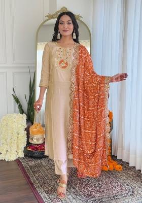Beige Embroidered Viscose Kurta Set