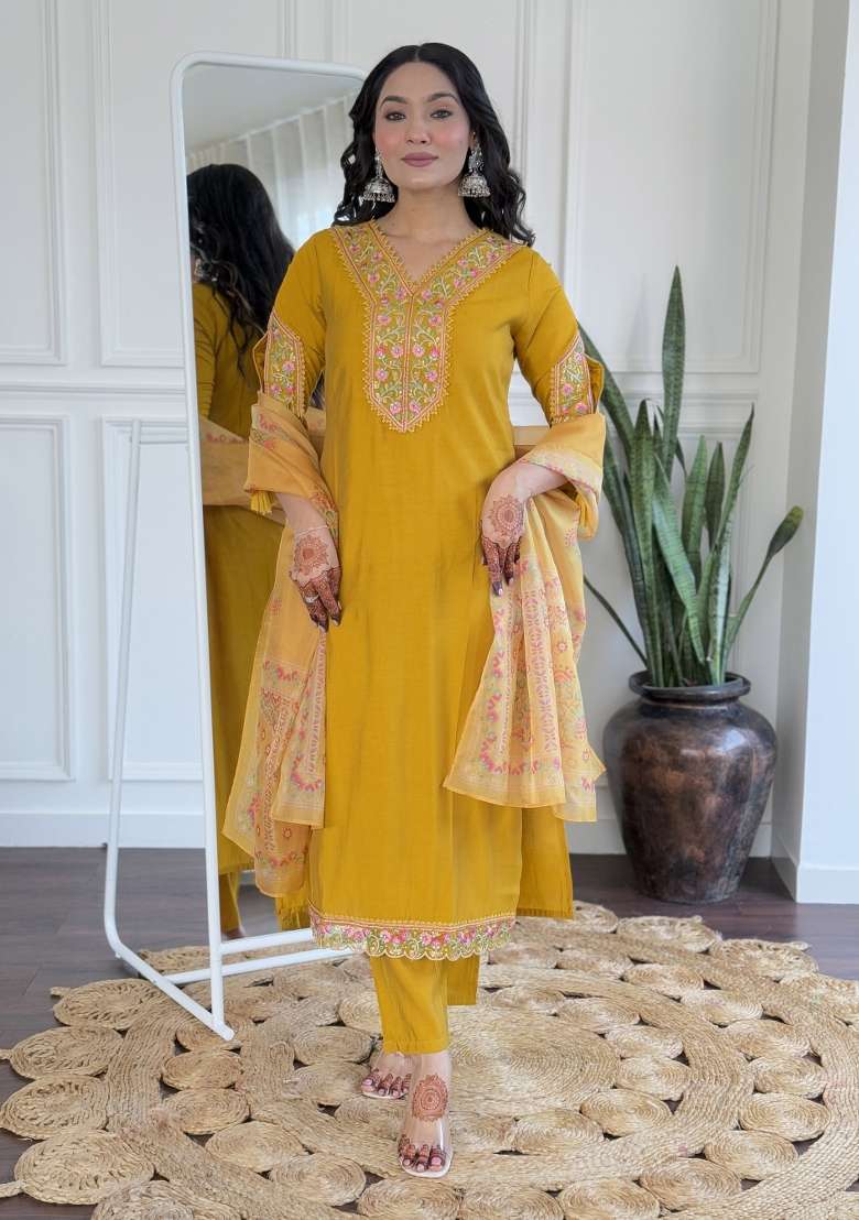 Mustard Embroidered Viscose Kurta Set - Indya