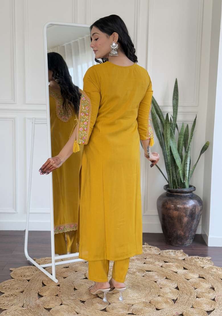 Mustard Embroidered Viscose Kurta Set - Indya