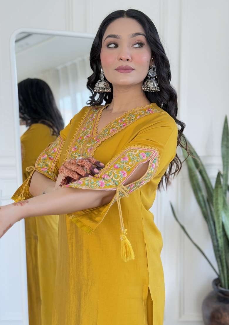 Mustard Embroidered Viscose Kurta Set - Indya