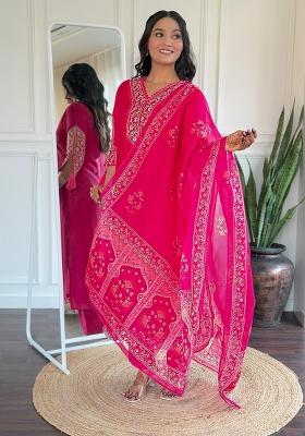 Pink Embroidered Viscose Kurta Set