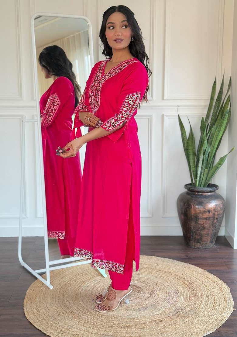 Pink Embroidered Viscose Kurta Set - Indya