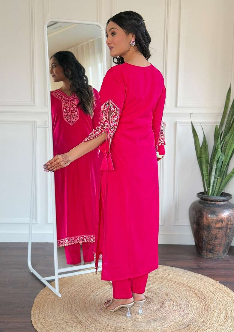 Pink Embroidered Viscose Kurta Set - Indya