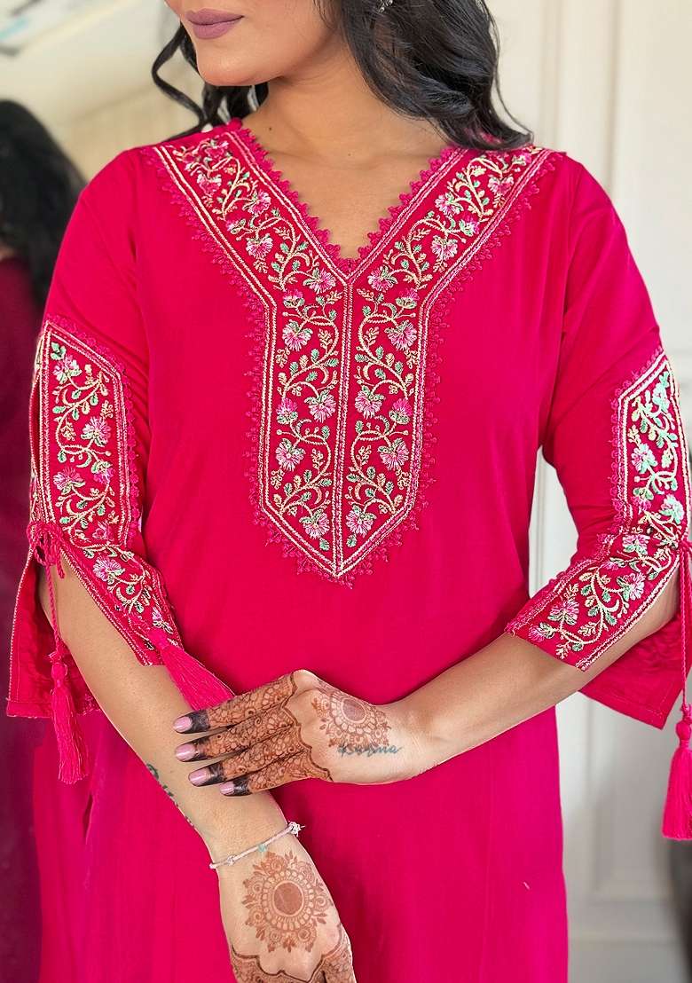 Pink Embroidered Viscose Kurta Set - Indya