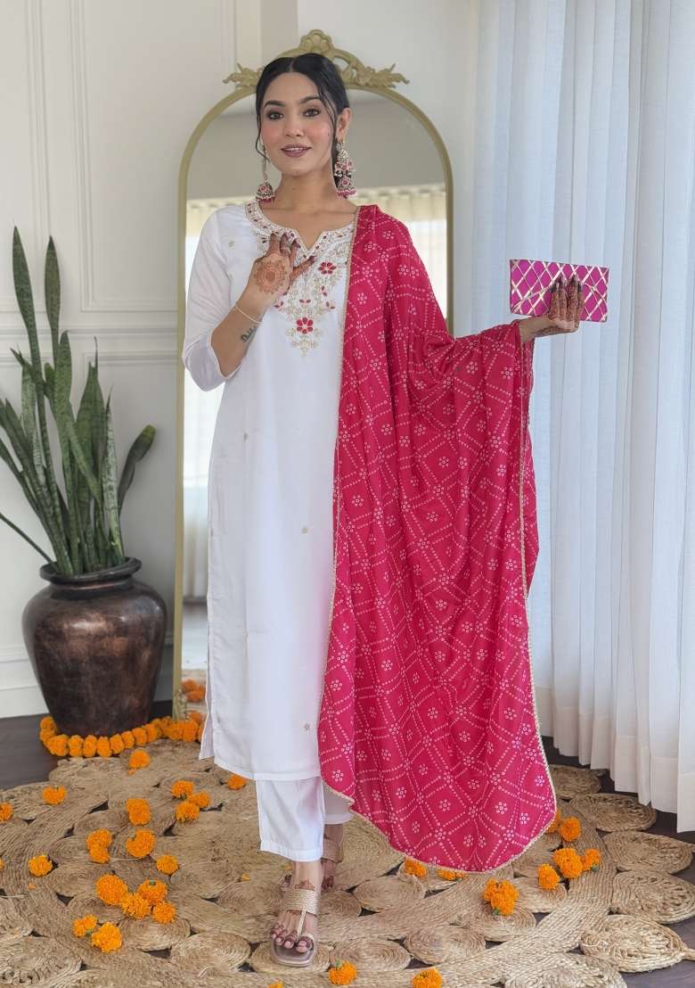White Embroidered Viscose Kurta Set - Indya